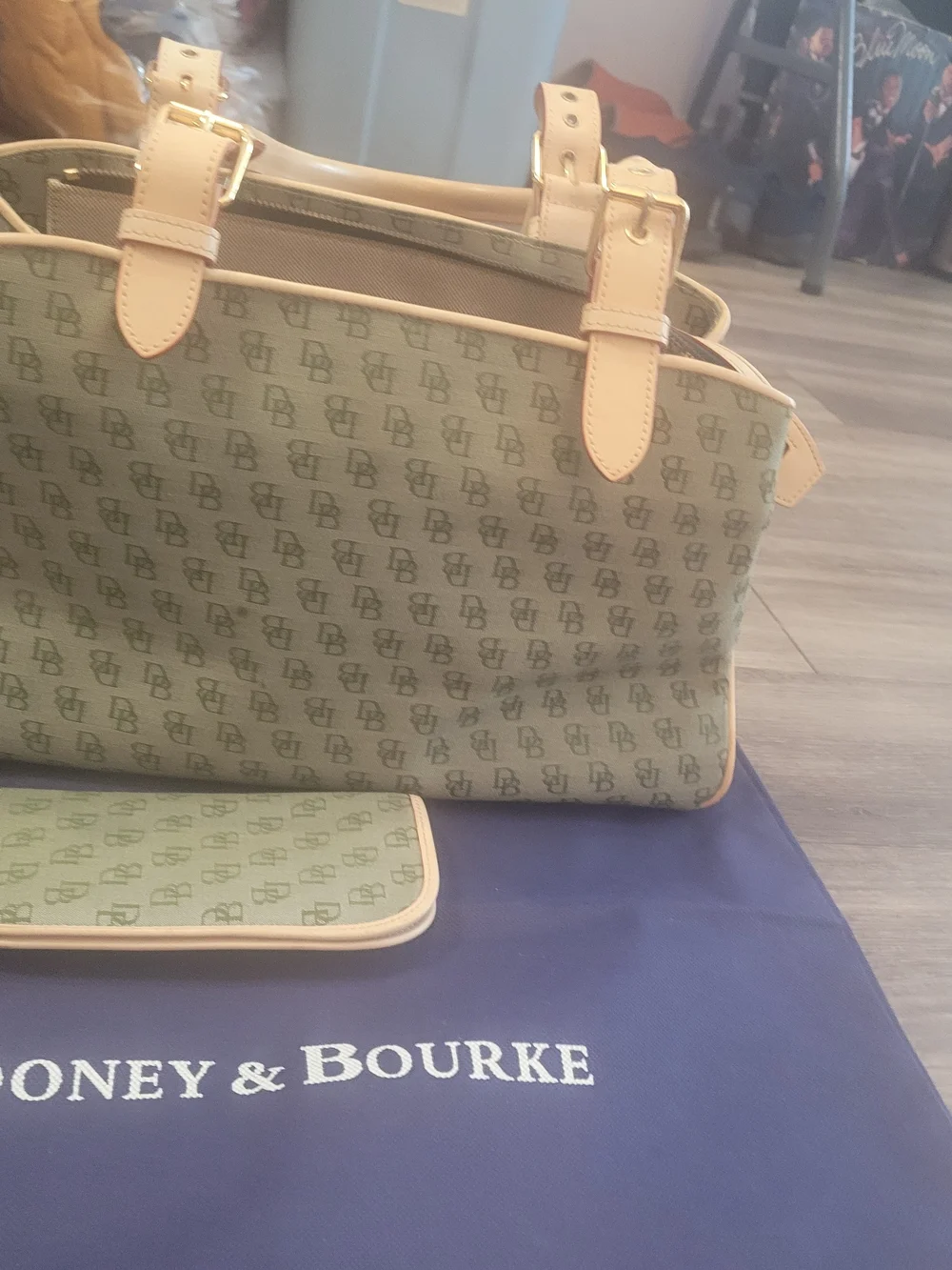 Dooney & Bourke Olive Signature Tote with Cream Trim and Handles
